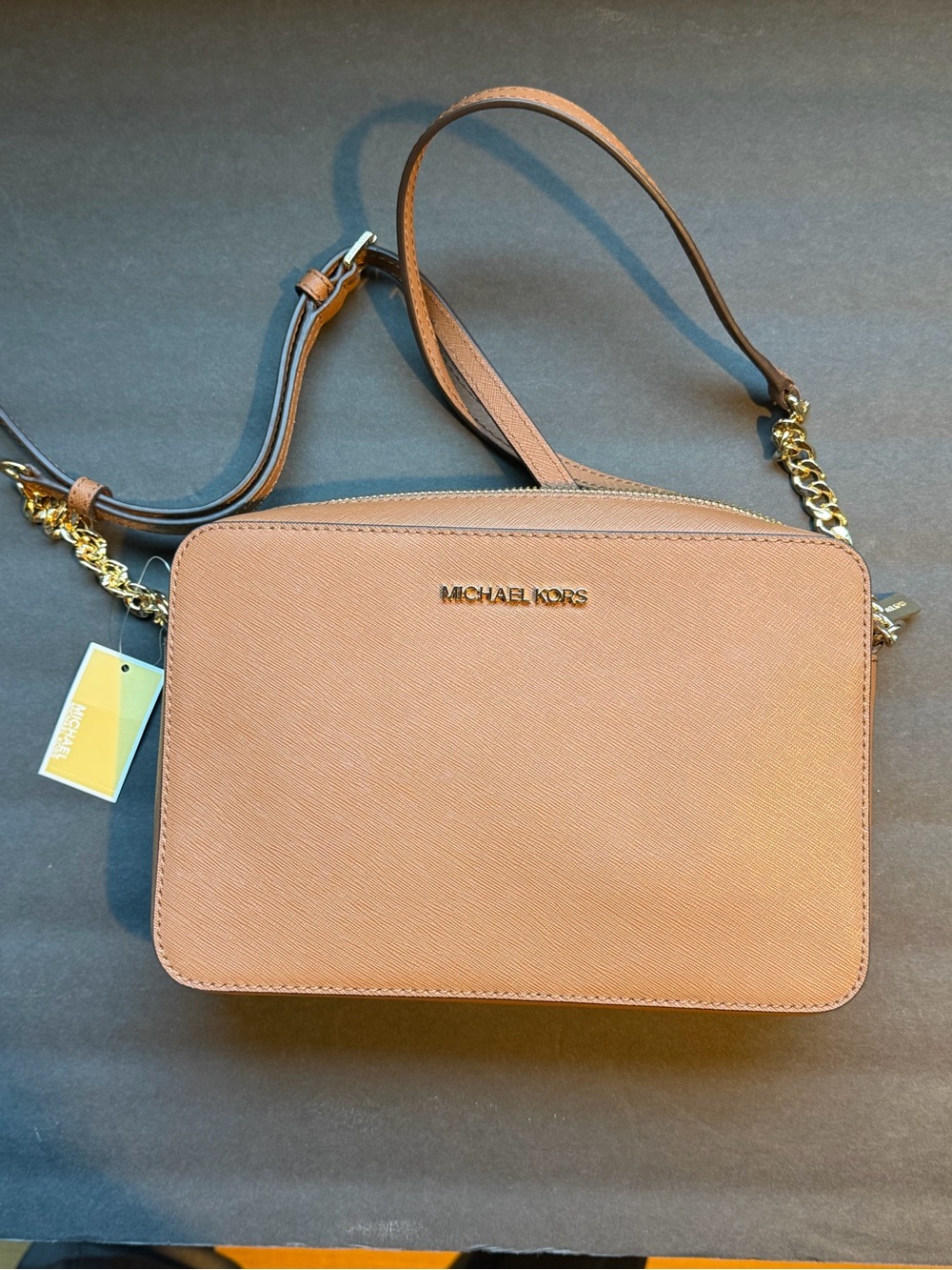 Retail: $378  NWT Michael Kors Camel-Color Pebbled Leather Crossbody Bag Purse